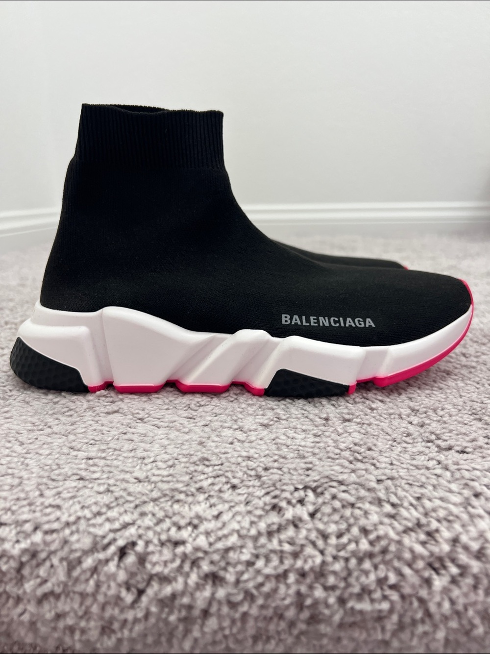 Balenciaga Black Knit Sock Sneaker with Pink-Trim Sole